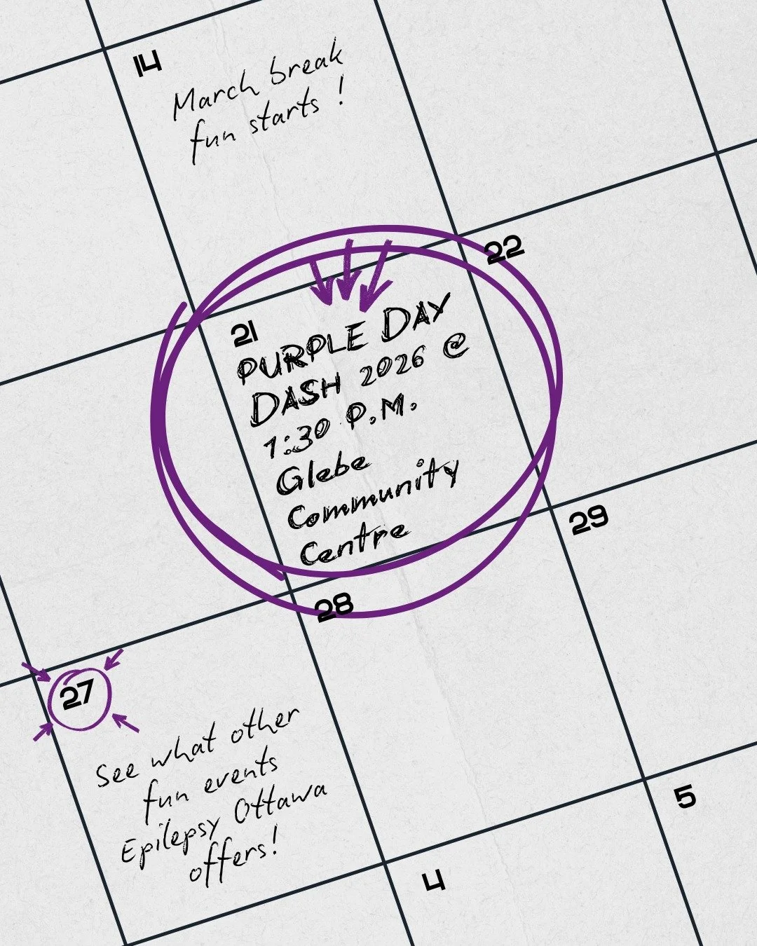 Purple Day is almost here! We&rsquo;re kicking off March break, and we&rsquo;re counting down the days to raising awareness and showing support for the epilepsy community. Join us at the Glebe Community Centre this Saturday, March 21st, at 1:30 p.m. 