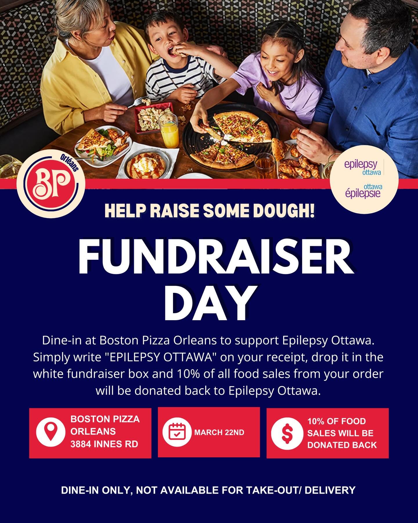 No plans for Sunday dinner? We&rsquo;ve got you covered, in collaboration with @bostonpizza_orleans we&rsquo;re following up our Purple Day Dash fun with a fun dinner fundraiser. 🍕

This Sunday March 22nd, Dine in at Boston Pizza Orleans and write &