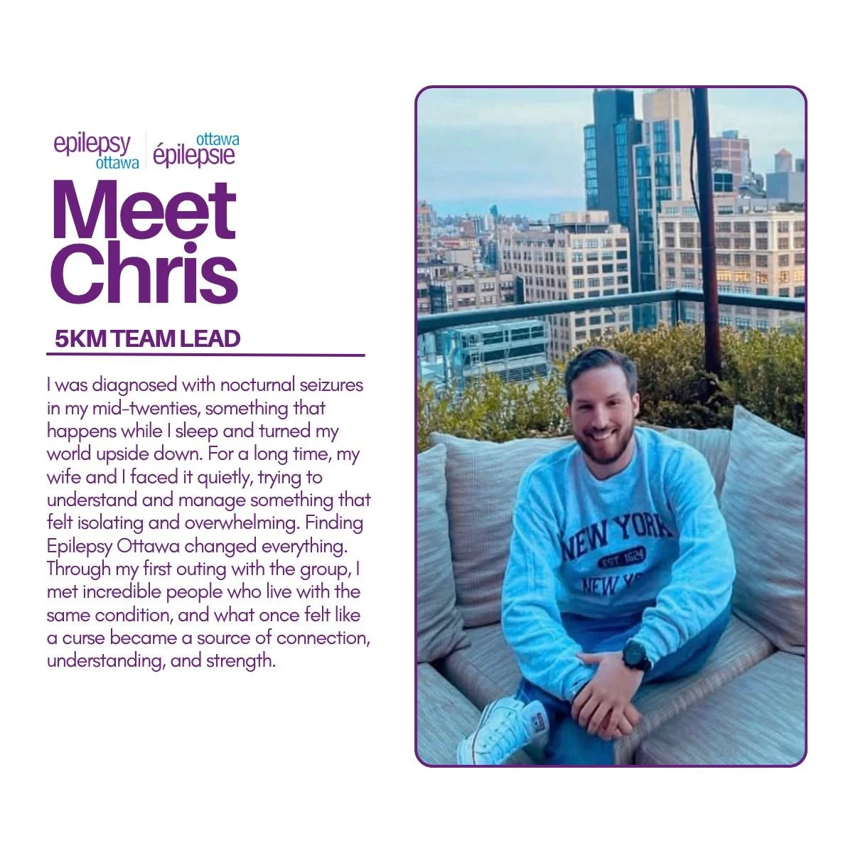 @ottawaracewknd is just 18 days away - and we&rsquo;re excited to introduce the Team Leads guiding The Brainstorm Brigade this year! 💜

Everyone say hello to Chris! 👋
He&rsquo;ll be your go-to for all things Epilepsy Ottawa during the 5K on May 23r