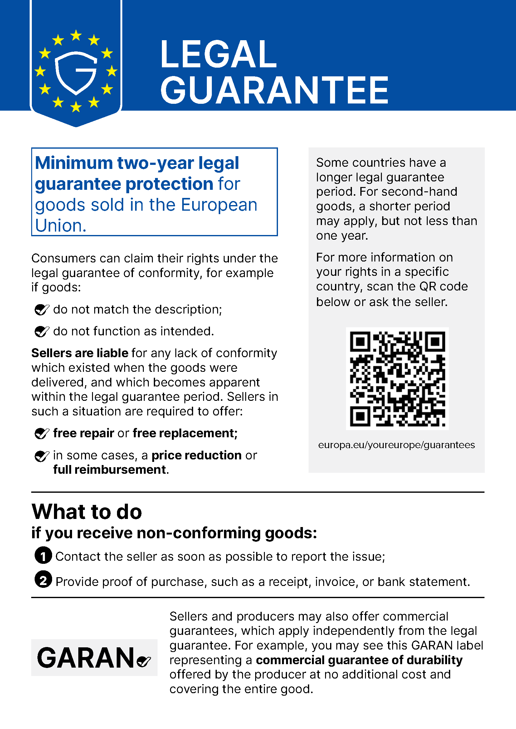 EU harmonised notice: legal guarantee of conformity