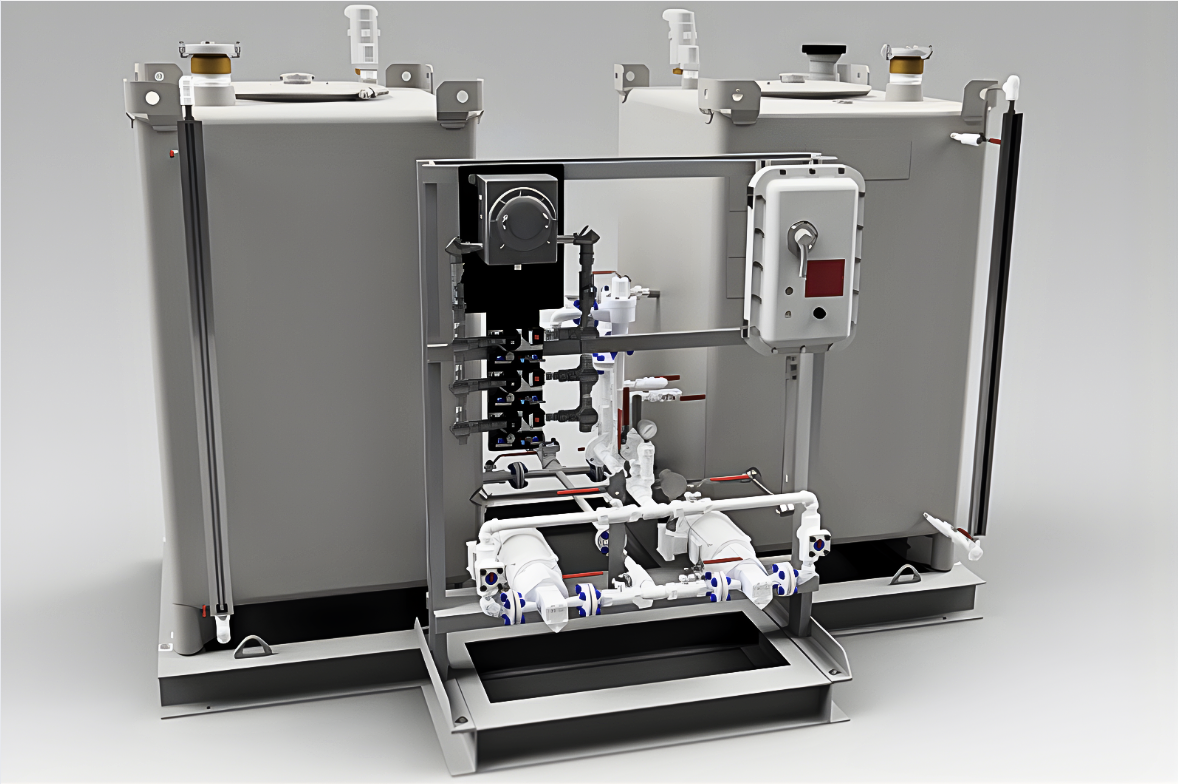 Additive injection system with chemical tote tanks and pump skid assembly by Chemtec Energy Services