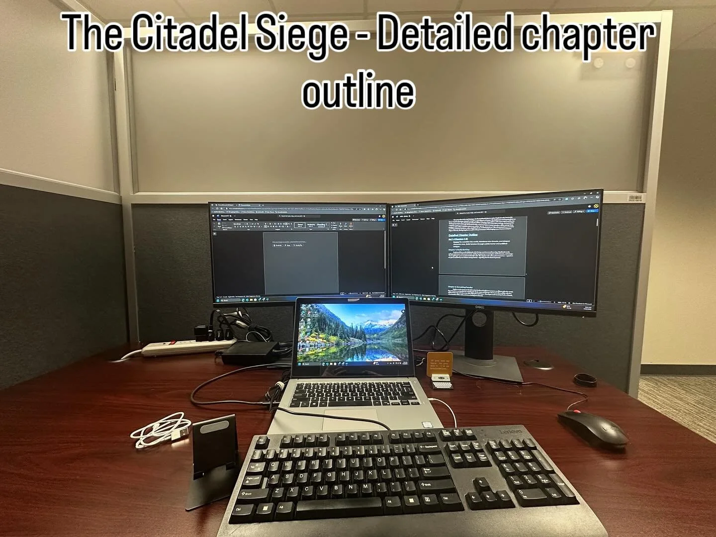 If you look closely, you can see the detailed chapter outline for The Citadel Siege on my monitor. Also, pay no attention to where I am ๐