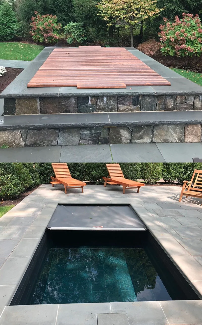 Two images of a retractable spa cover, one showing closed with wood slats and the other open with loungers nearby.