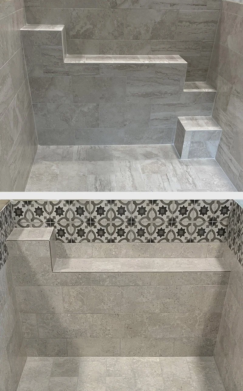 Two tiled shower bench designs with gray tiles and patterned accents, featuring built-in steps.
