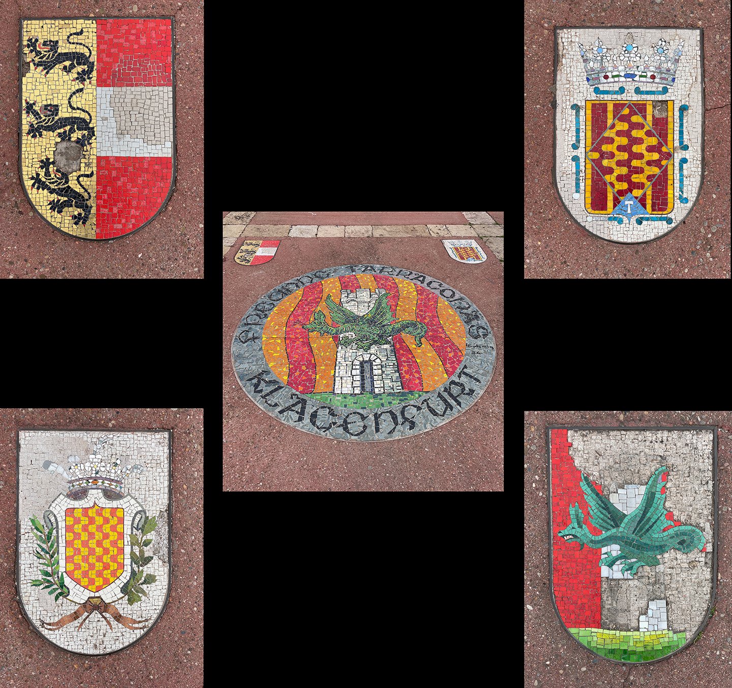Mosaic shields in a plaza