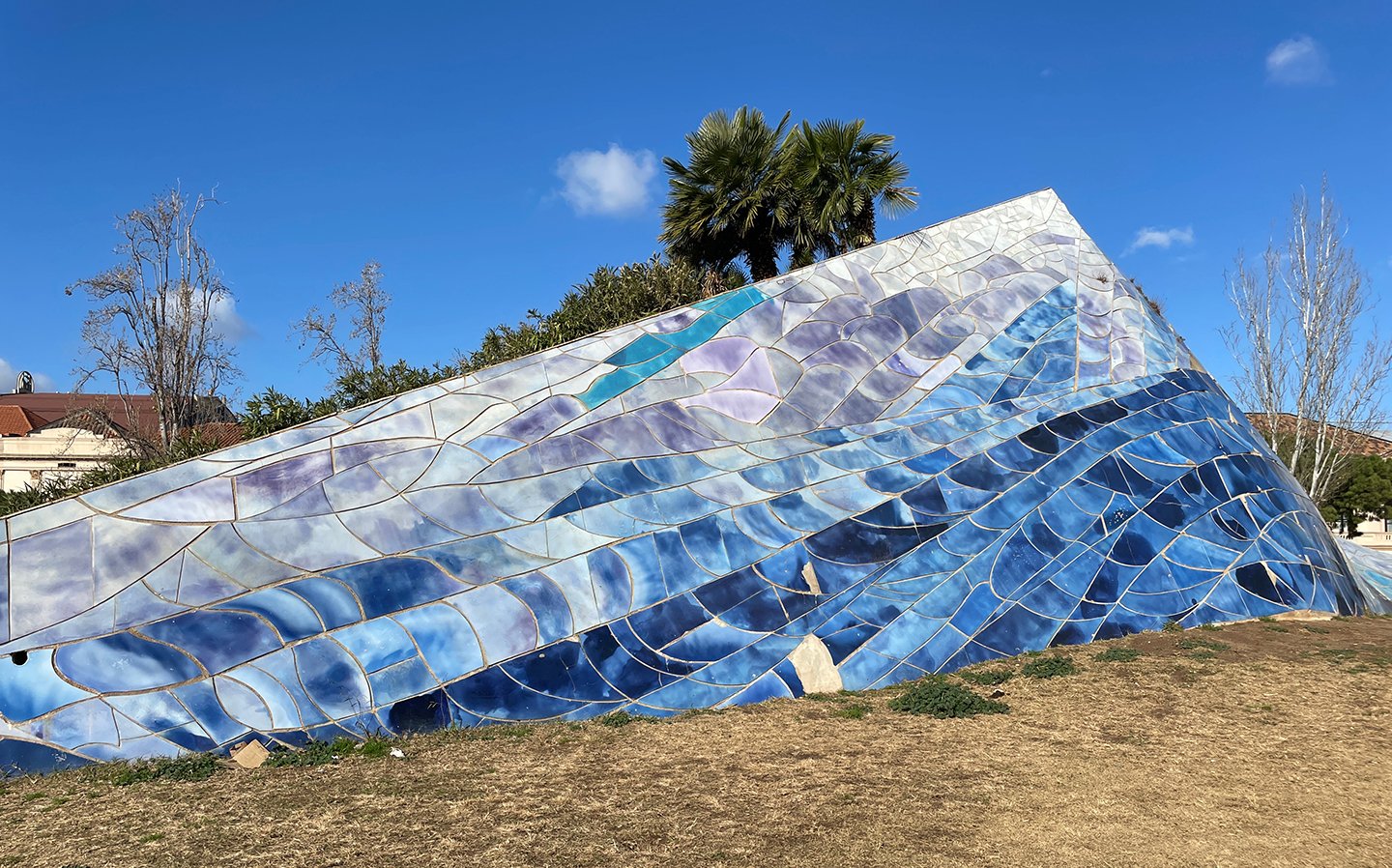 Covered with large ceramic tile segments