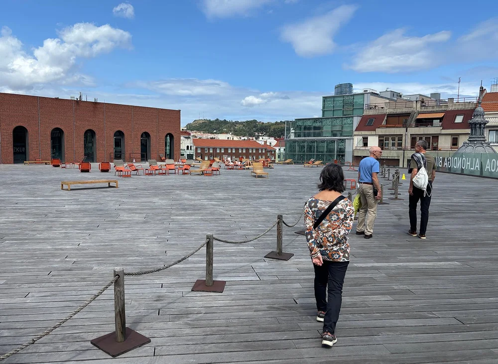 The top floor of the Azkuna Zentroa (Basque for community center, loosely) is a fitness center with swimming pools. And this rooftop lounging area for members.
