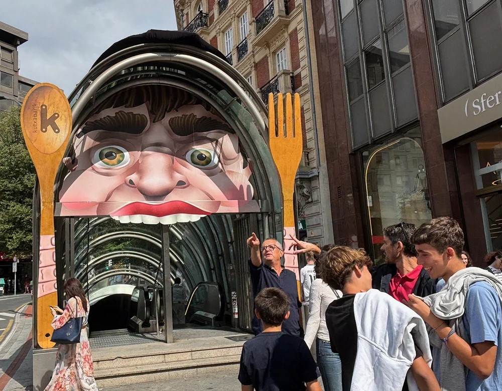 The entrance to the metro, decorated as a Tragachico— usually feature at festivals in north eastern Spain where kids “get swallowed by the creature and go down a slide .