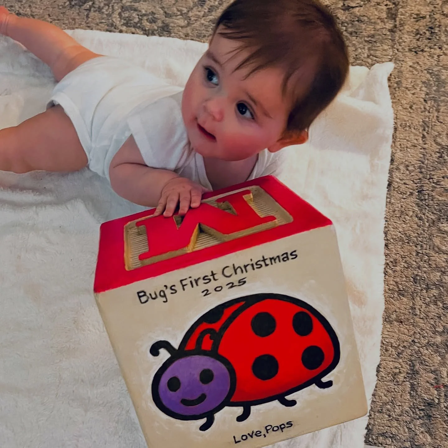 Margot&rsquo;s first Christmas! 🎄
I made Bug her own baby block with a caterpillar, a bee and a lady bug. The 5 is for her birth month. As you can see she has excellent taste in art already&hellip;

#love #granddaughter #family #art #painting