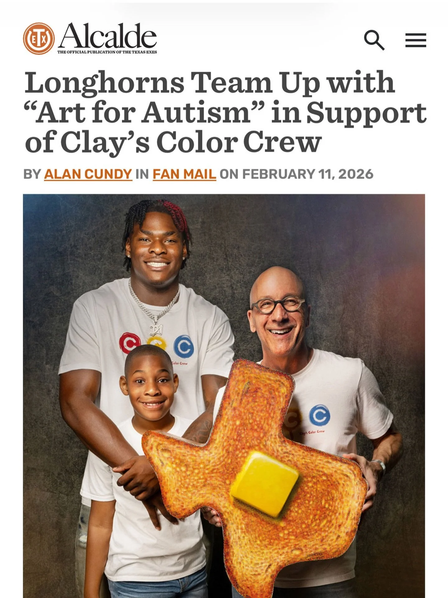 Thanks to @texasexes for the shoutout. A few years back I teamed up with Clayton Roberts and his big brother Colin Simmons of @texasfootball to support @clayscolorcrew , a nonprofit that serves neurodiversity in North Texas. We sold some art thru Art