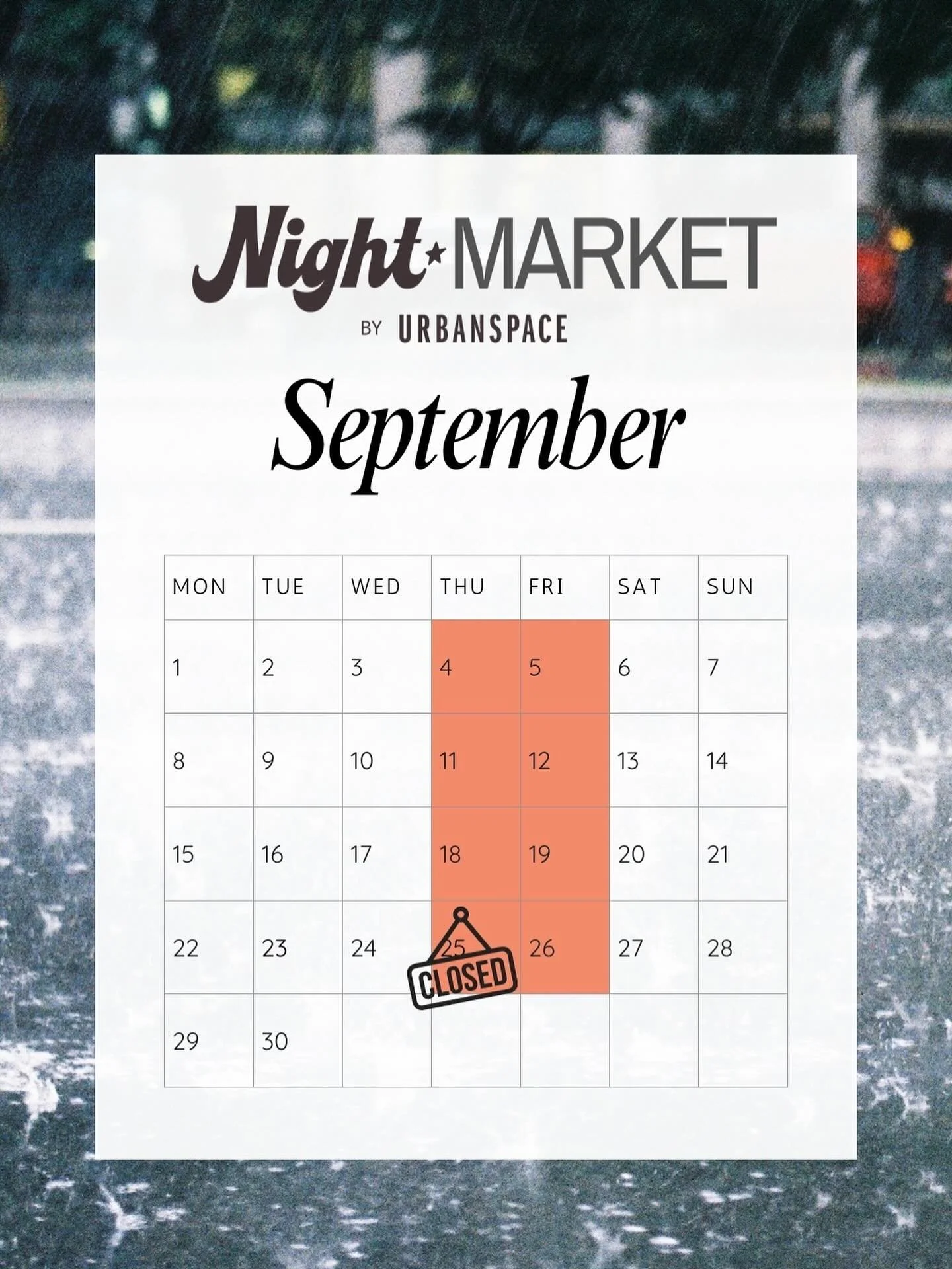 When it rains, it pours! 🌧️ Due to the weather, we&rsquo;ll be closing the Night Market tomorrow. We want everyone to fully enjoy the flavors and the vendor lineup&mdash;so don&rsquo;t worry, we&rsquo;ll be back this Friday when the sun is shining! 