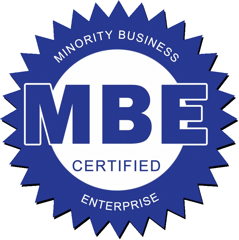 Blue badge with white and dark blue text that reads "Minority Business Enterprise Certified" with a circular design and a starburst outline.