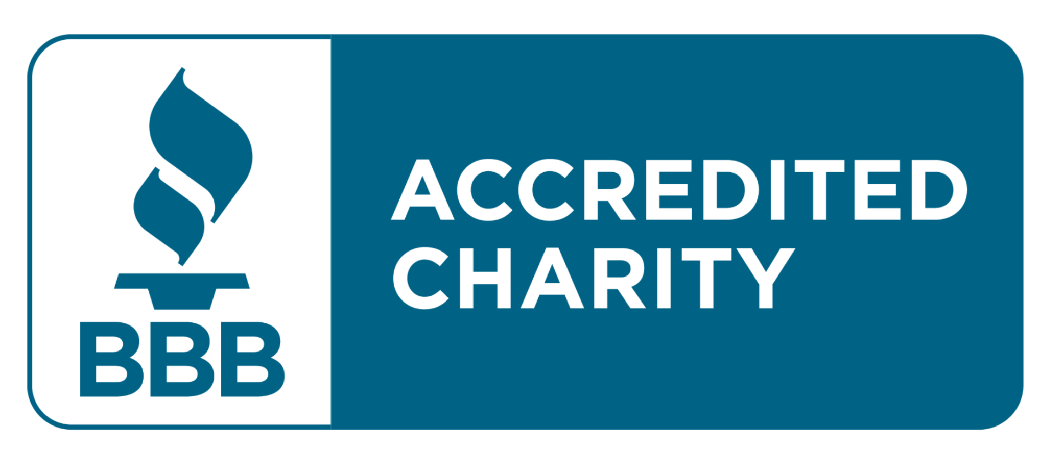 BBB logo with a stylized torch and the words 'Accredited Charity' on a blue background.