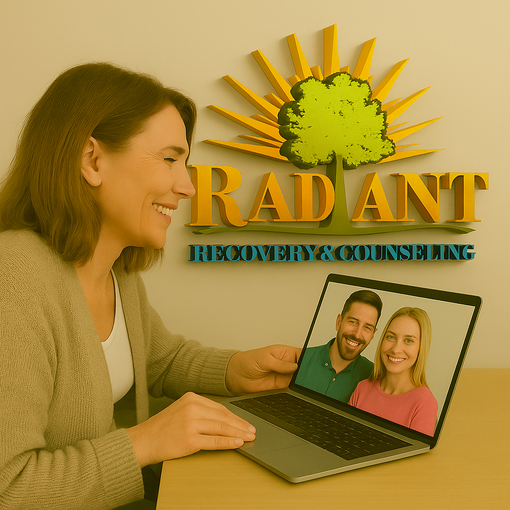 A woman smiling and looking at a laptop displaying a photo of a smiling man and woman. Behind her is a sign for 'Radiant Recovery & Counseling' featuring a tree and sun design.