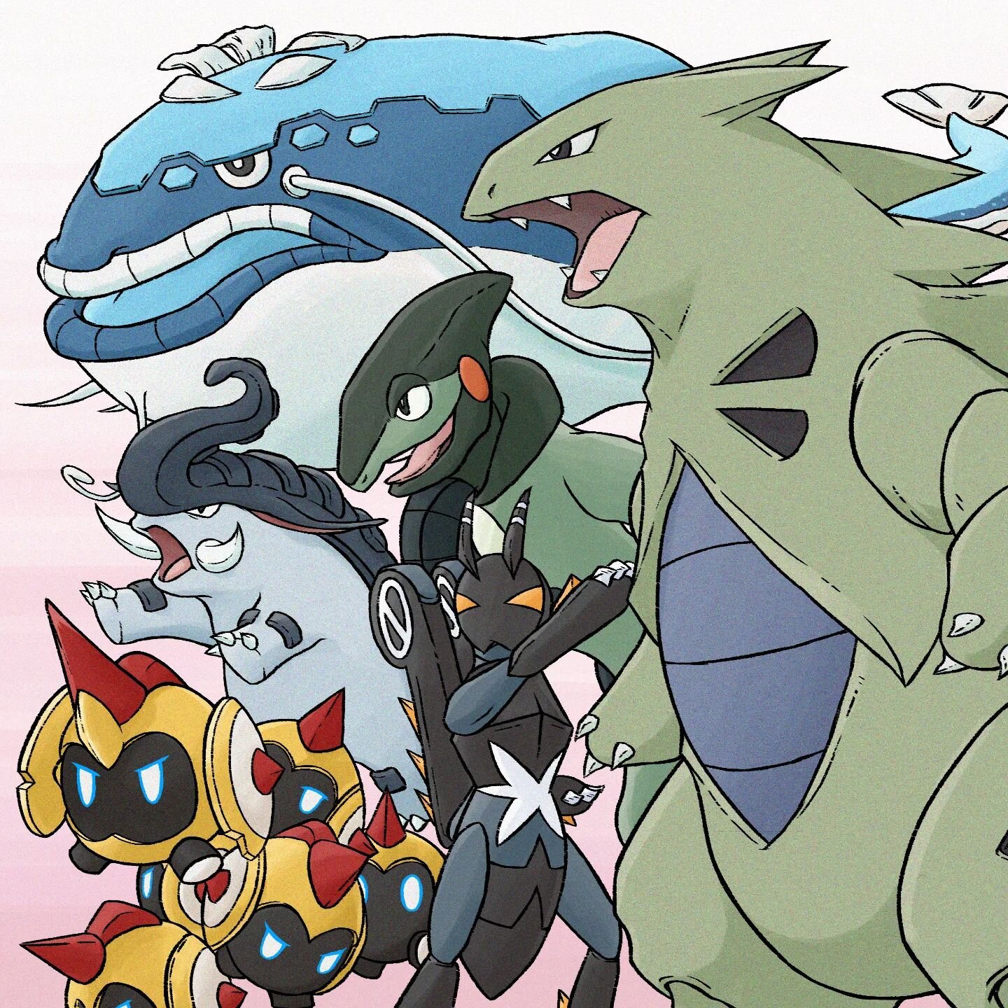 Pok&eacute;mon Scarlet C Team
.
Gojita 🐲⛰️🪨
Wisp 🦗🦸🌆
XLR8 🦎🏍️🏃
Falcatas 🏺⚔️🛡️
Don Loxo 🐘🛞👃
Jabun 🐟👨&zwj;🍳🍣
.
One of the reasons I used so many this gen was--I feel like a lot of the new designs don't miss! But I'm still a sucker for 