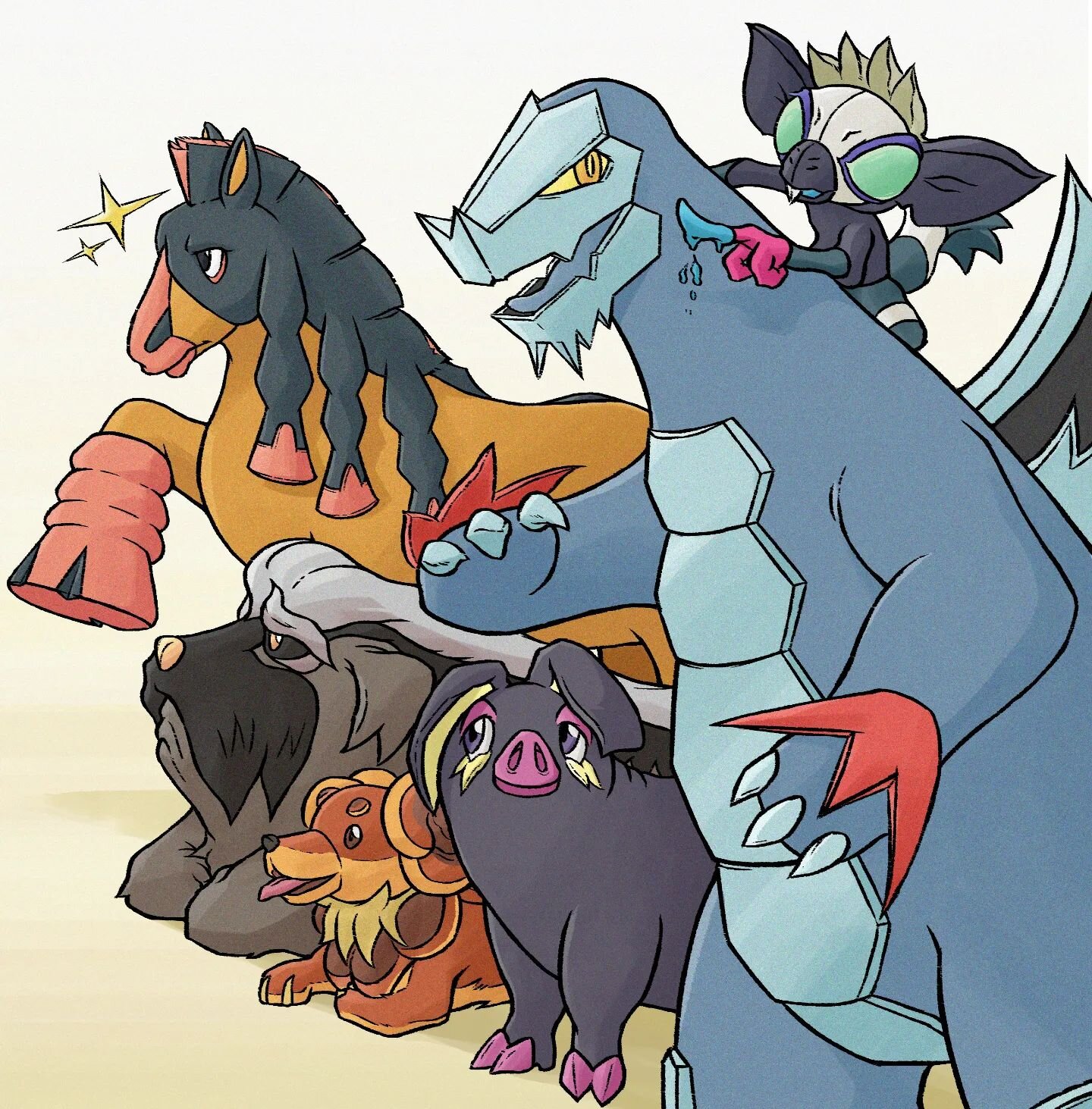 Pok&eacute;mon Scarlet B Team
.
Babybax 🦖🏔️🧊
Ganondork 🐖🍄🐽
P&atilde;ola 🐕🥖🌭
Dimondes 👴🐾🖤
Apuleius 🐎✨🌟
Stitch 😈🧿💅
.
Shinies are always such a pleasant surprise. Just give us the overworld sparkle again 🥲 Or an auditory cue, at least!
