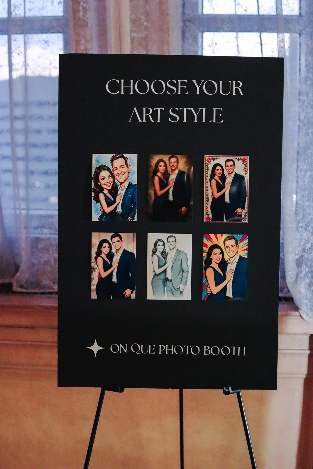 A choose your art style sign beside the AI photo booth at a Winnipeg wedding
