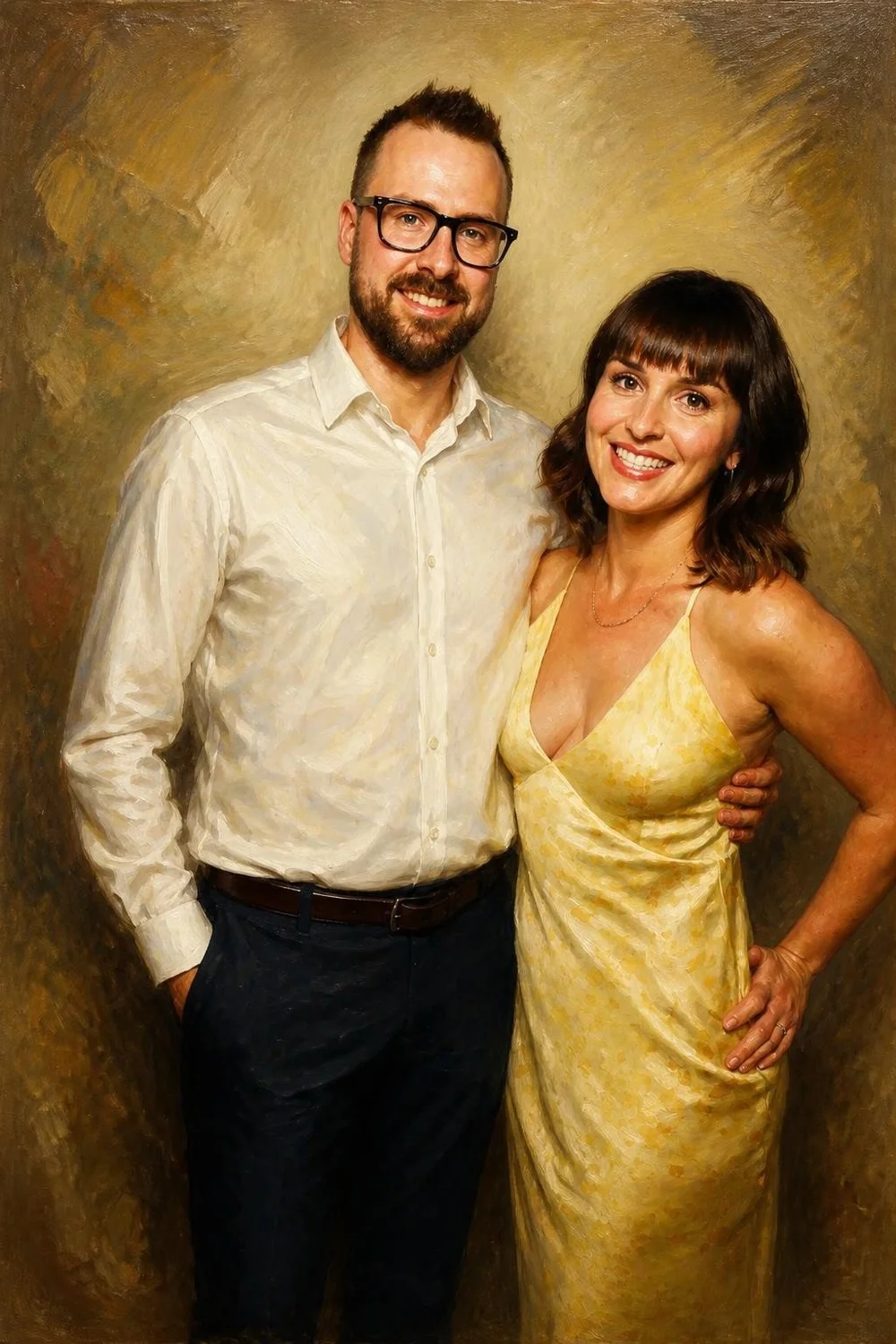 A Winnipeg couple turned into an oil painting portrait by the On Que AI photo booth