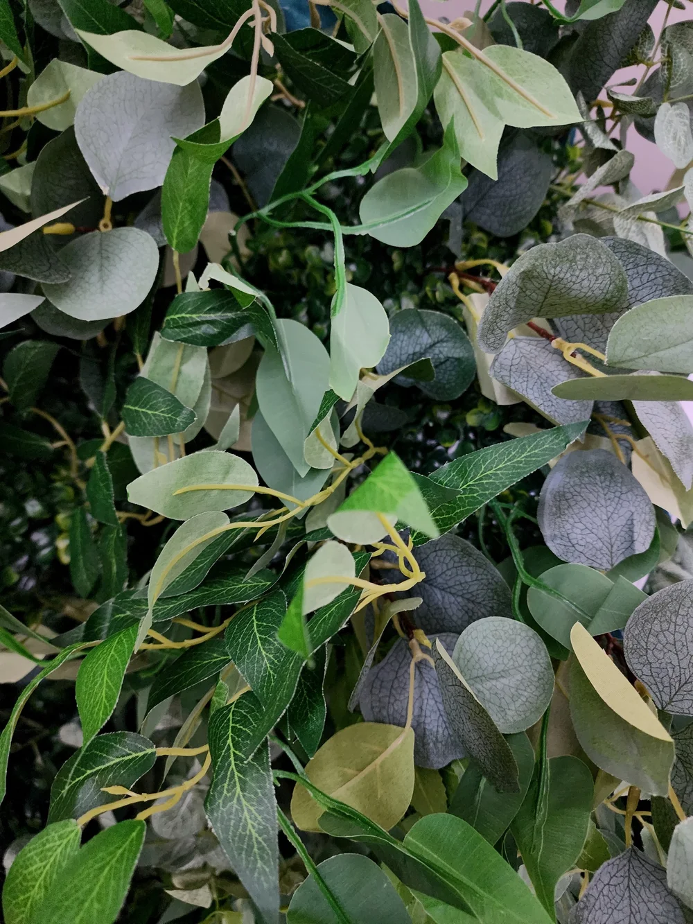 Close up of the mixed foliage on the Luscious Leaves greenery wall