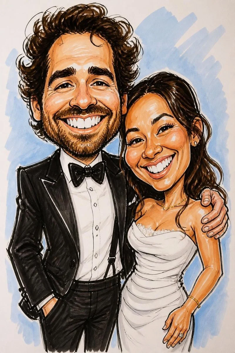 A bride and groom drawn as an inked caricature