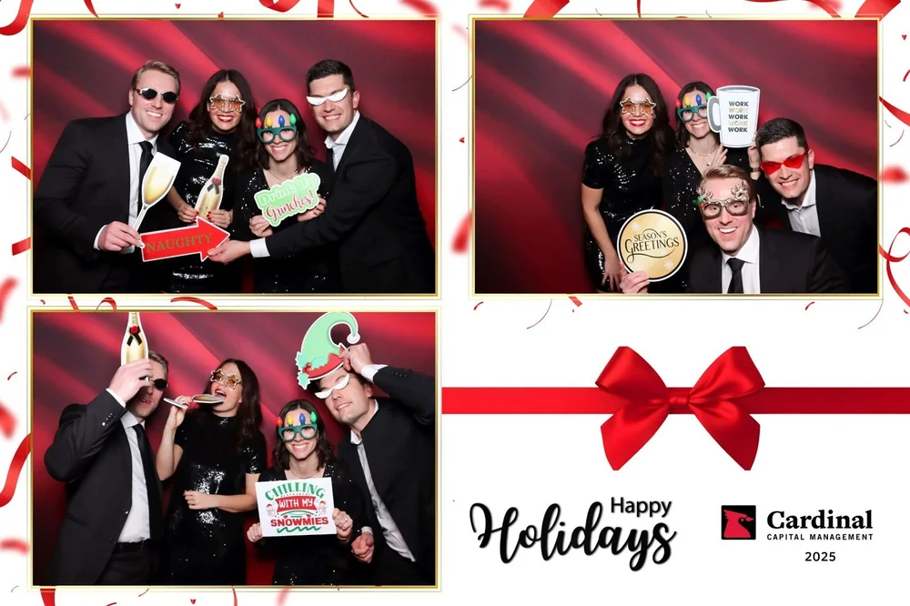 Four by six holiday party print with guests in festive props on a red satin backdrop at the Fort Garry Hotel