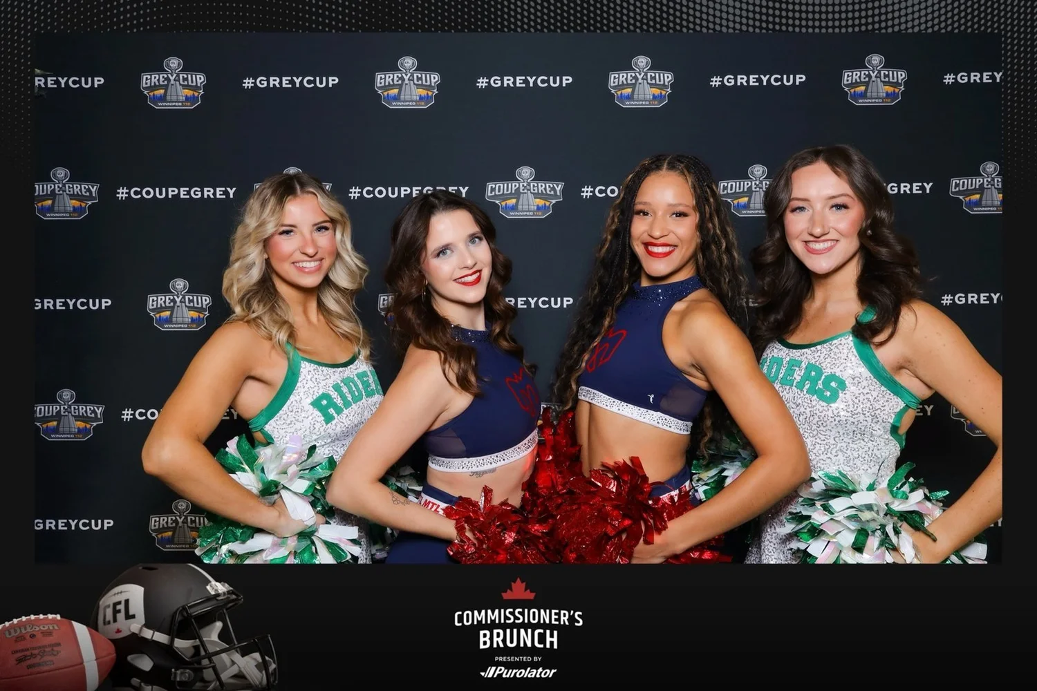 Cheer team members in a branded photo booth print at the Grey Cup Commissioner's Brunch
