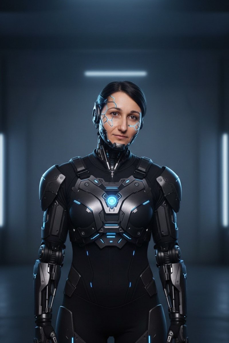 A guest at a Winnipeg tech launch party transformed into a chrome and neon cyborg