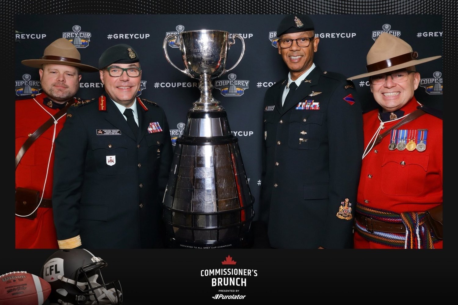 A branded photo booth print with the Grey Cup at the Commissioner's Brunch in Winnipeg