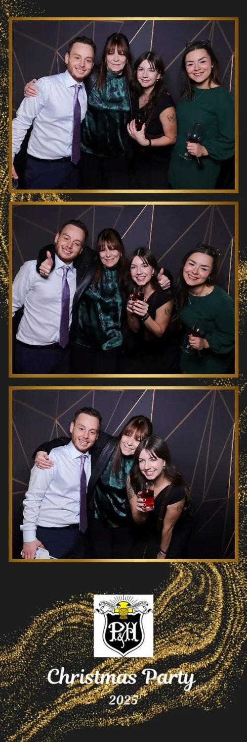Photo strip from a Winnipeg company Christmas party with a gold design and the company logo