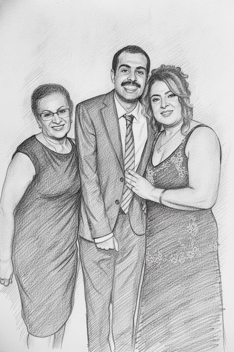 A family of three rendered as a hand drawn pencil portrait