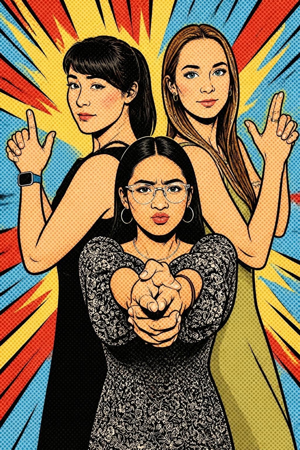 Three wedding guests redrawn as a bold comic book illustration by the Transformation Booth