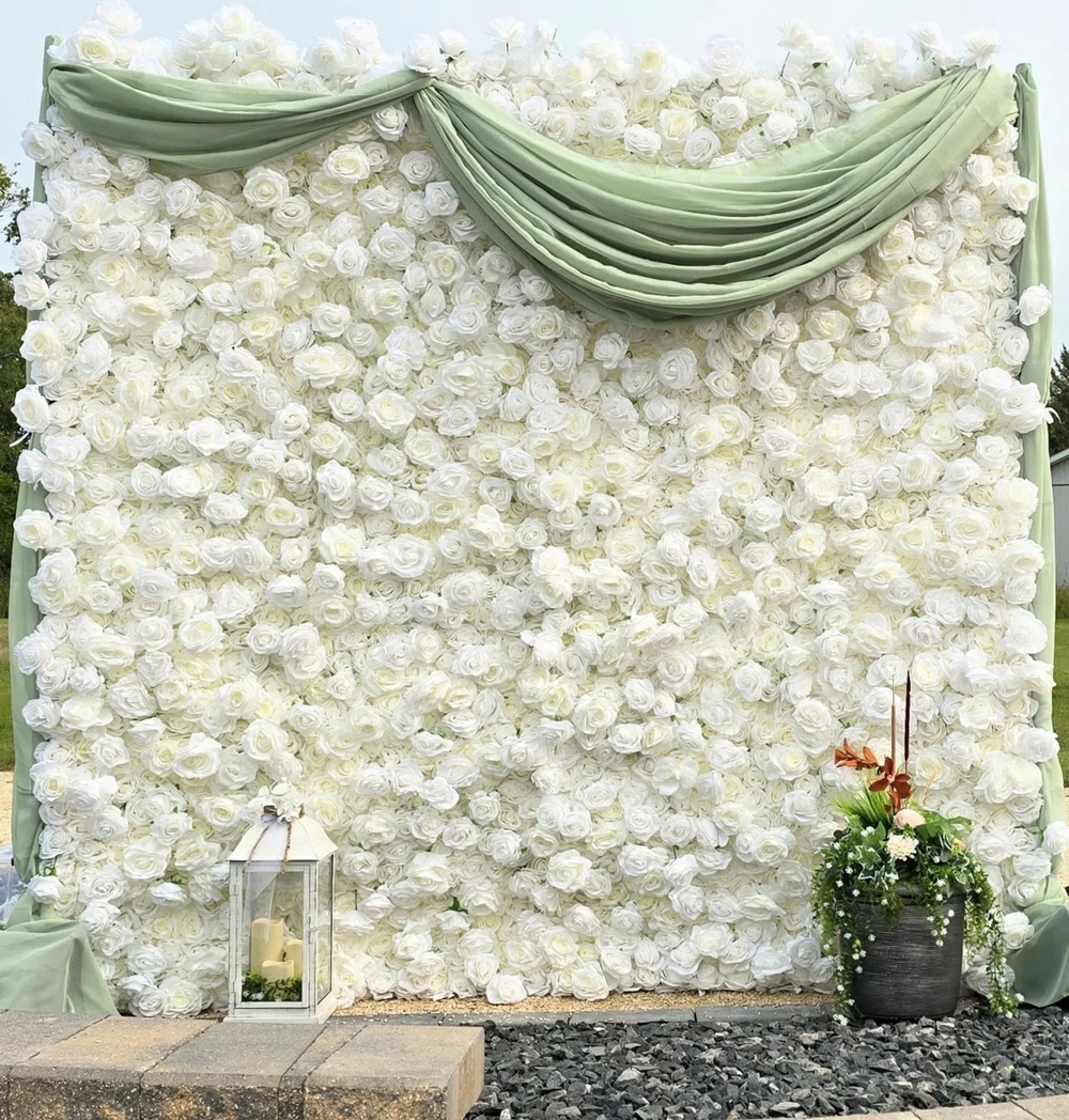 The Rose Blanc white rose flower wall with sage draping, full view