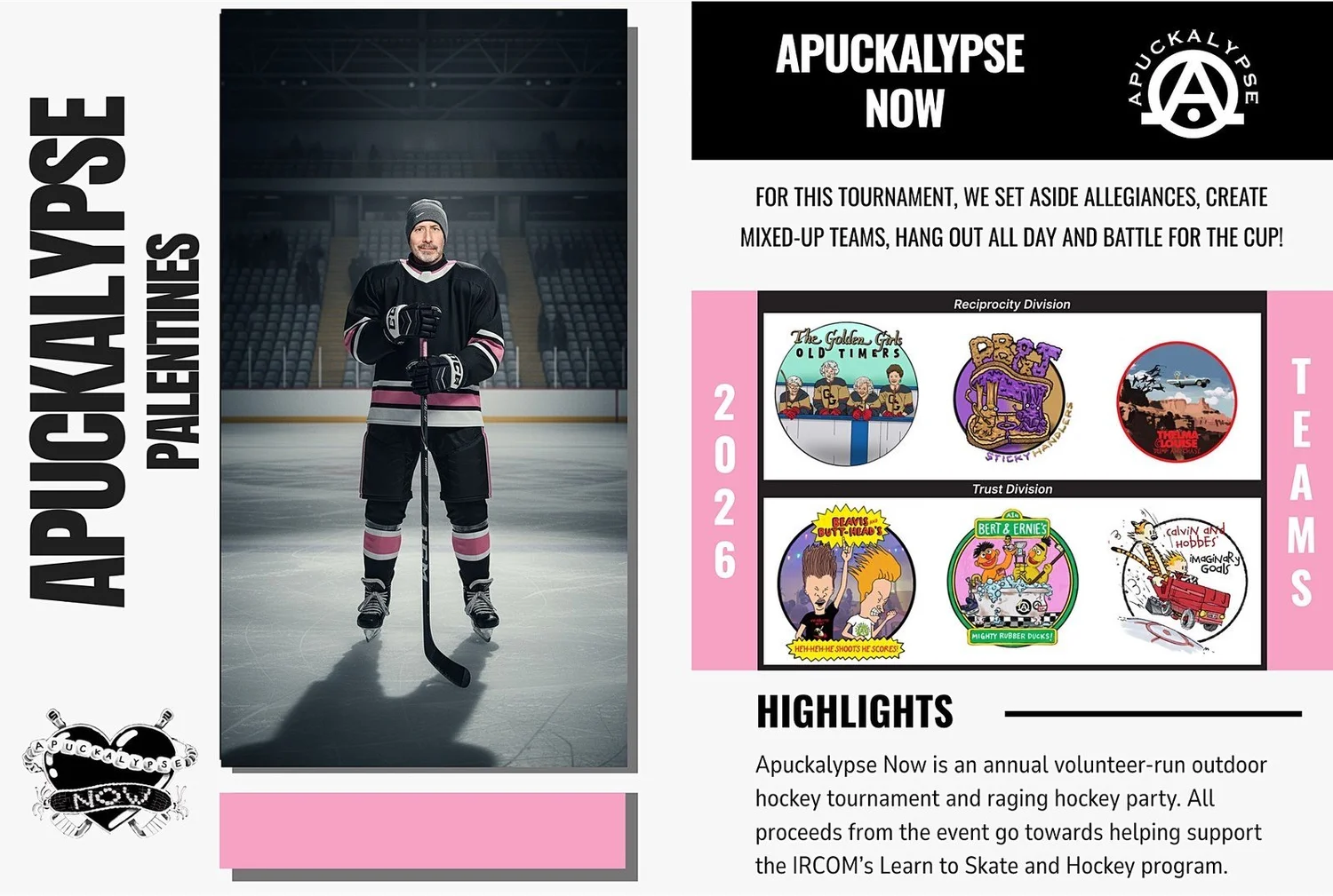 A guest transformed into a hockey player on the ice, on a custom tournament layout carrying team crests and event information