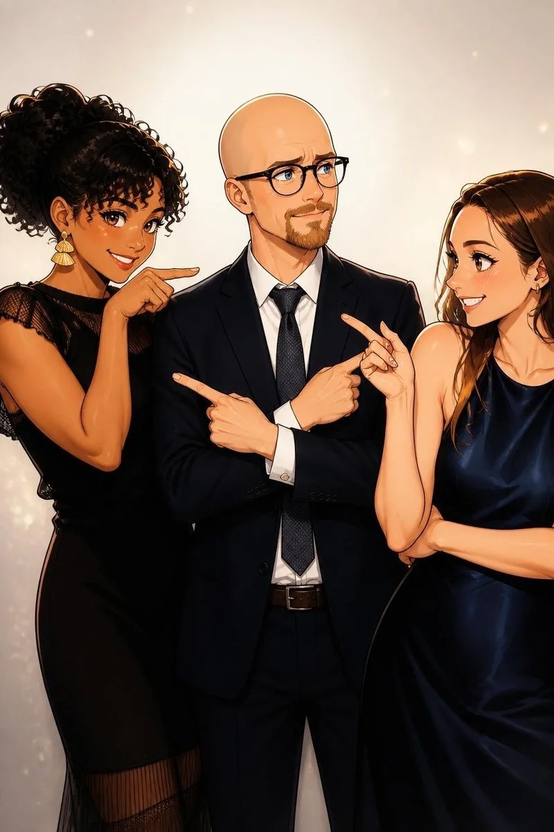 Three wedding guests redrawn as a soft illustrated portrait