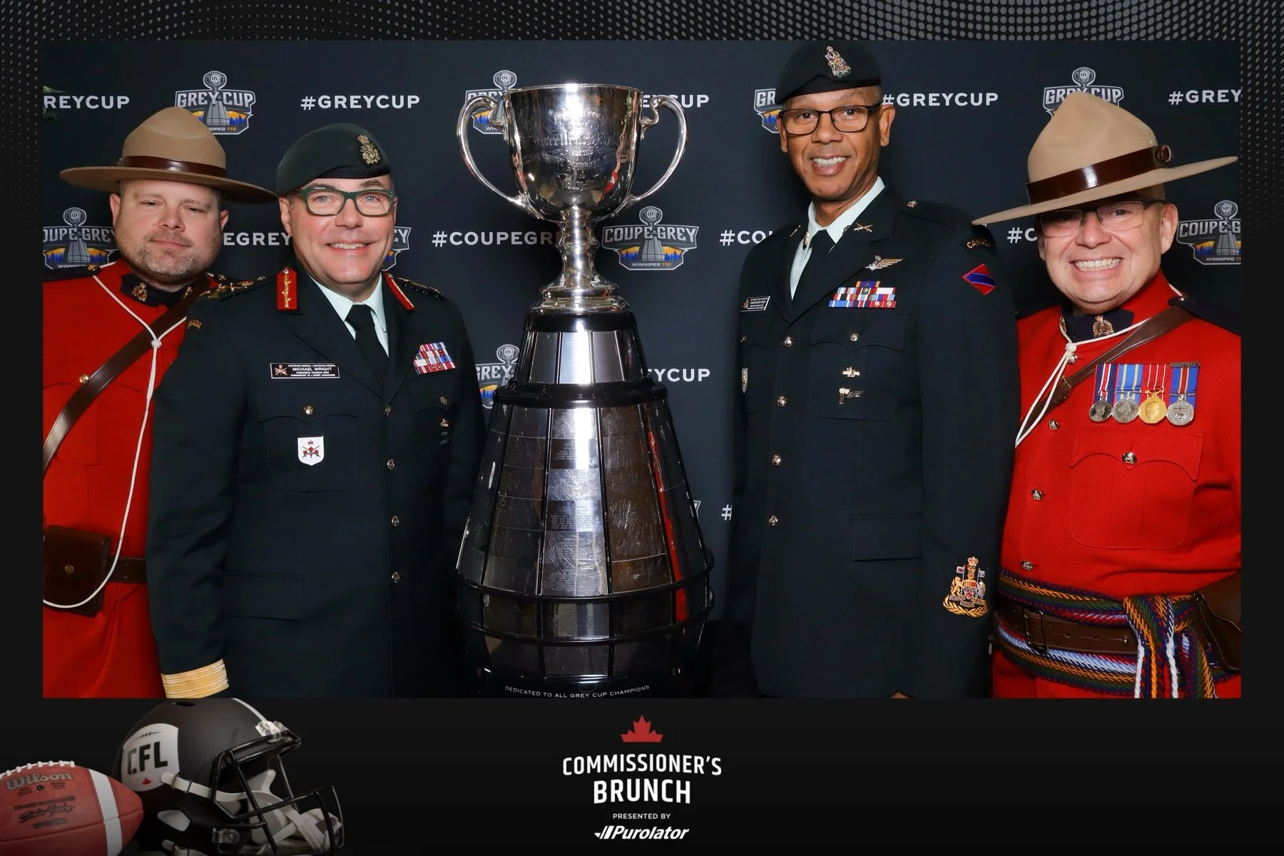two royal mounties and two army veterans posing with the Grey Cup trophy on a step and repeat backdrop featuring the Grey Cup logos