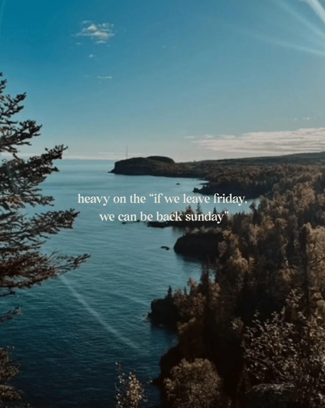 But really, if we leave friday, we can be back sunday.

Featuring the Minnesota Northshore and a few of my favorite cozy fall cabin stays 🌲

@toftetrails 
@alkovcabinco 
@northwoodsaframe