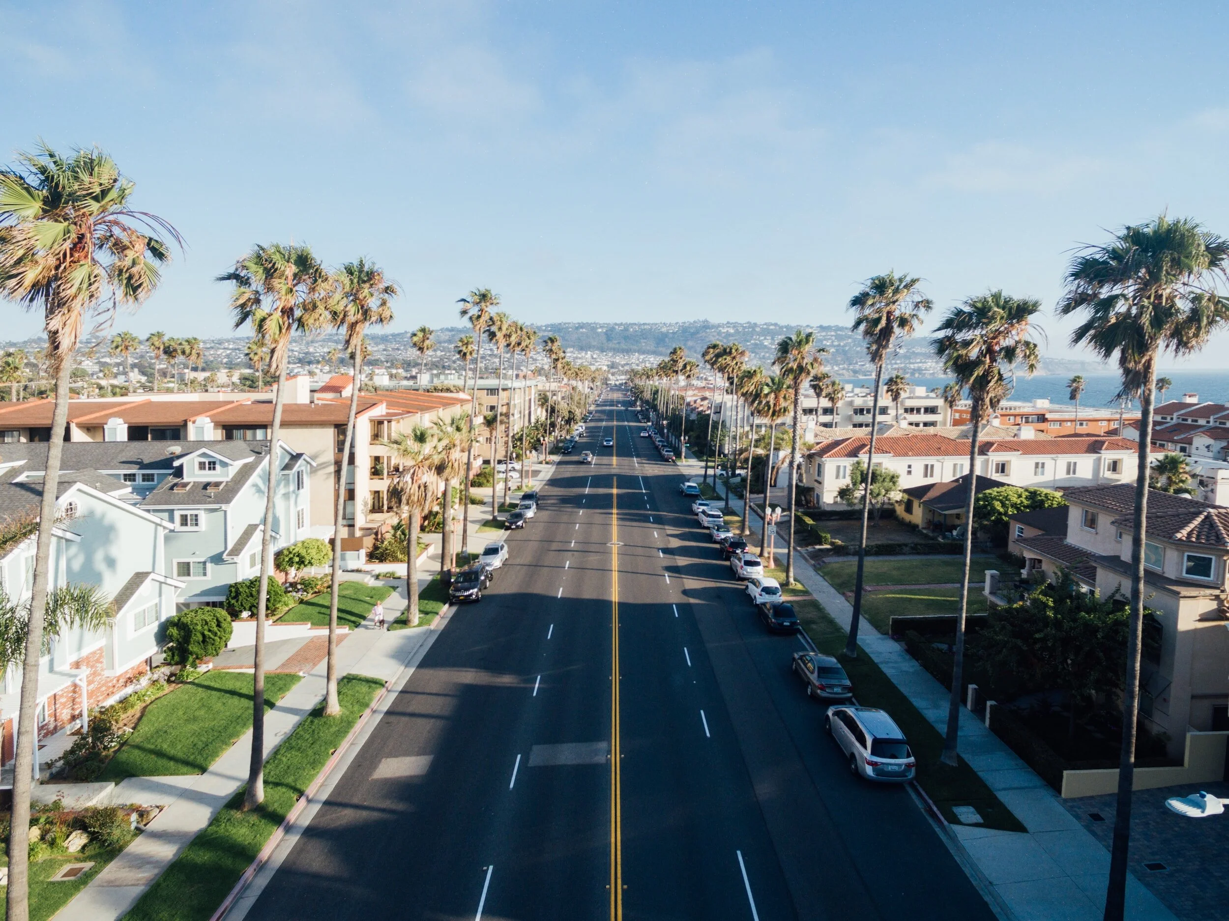 Aerial view of a palm tree-lined street in a suburban coastal neighborhood with houses and parked cars on either side, leading towards the ocean in the distance under a clear blue sky.
