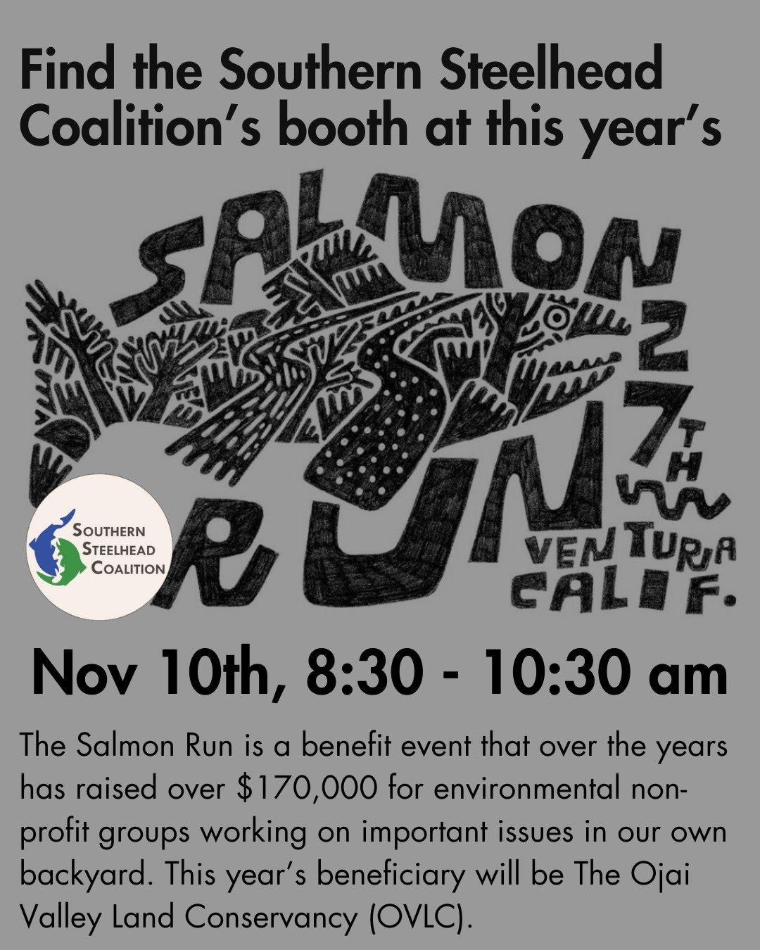Join the Southern Steelhead Coalition for this year's 28th annual Salmon Run, a 5K run/walk held Sunday, November 10, 2024. The Salmon Run is a benefit event that over the years has raised over $170,000 for environmental non-profit groups working on 