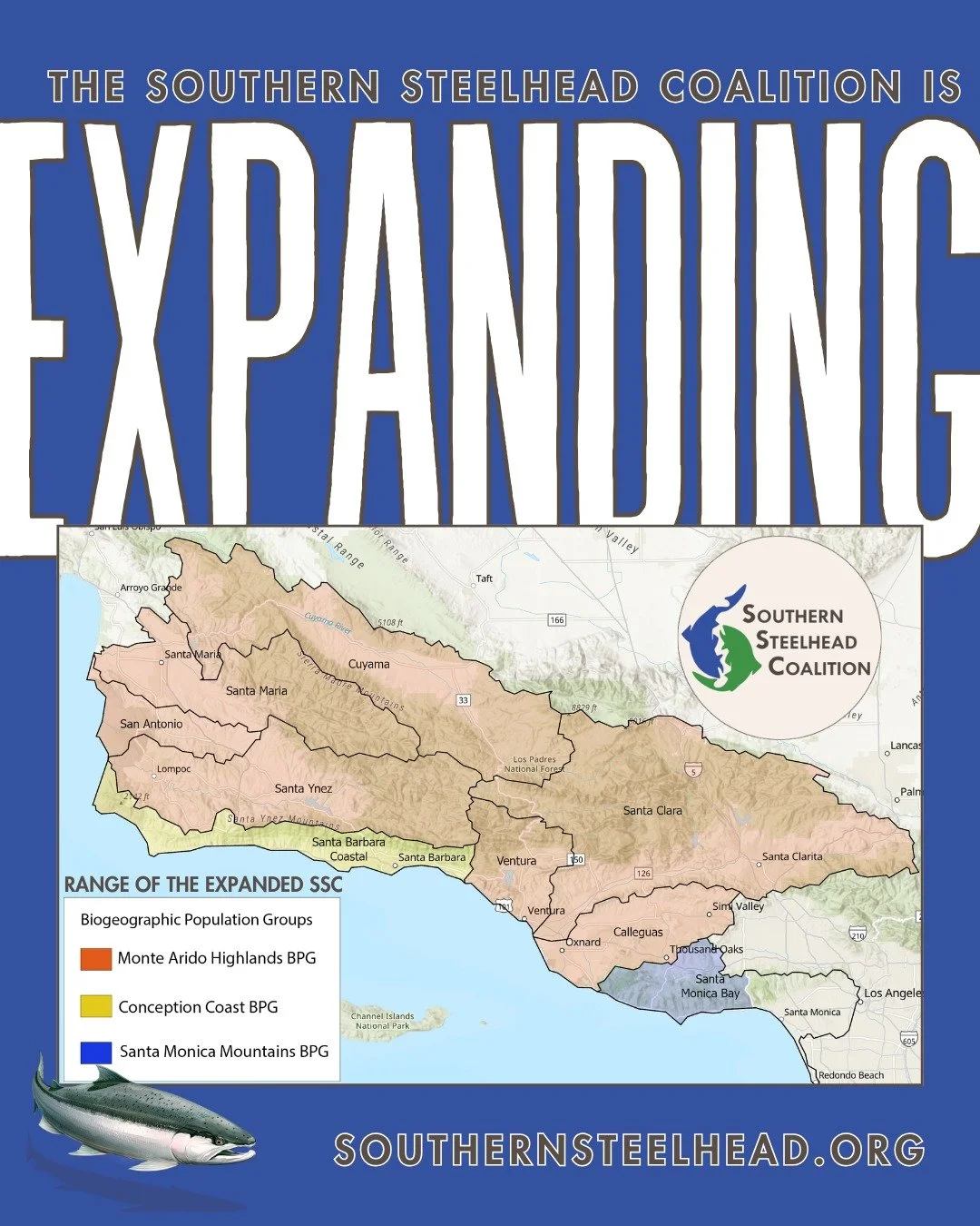 The Southern Steelhead Coalition is expanding! We are excited to announce that we are now serving the an area from the Santa Maria to the Santa Monica Mountains. This will now cover the more than 6 watersheds! If you are in our new area of coverage o