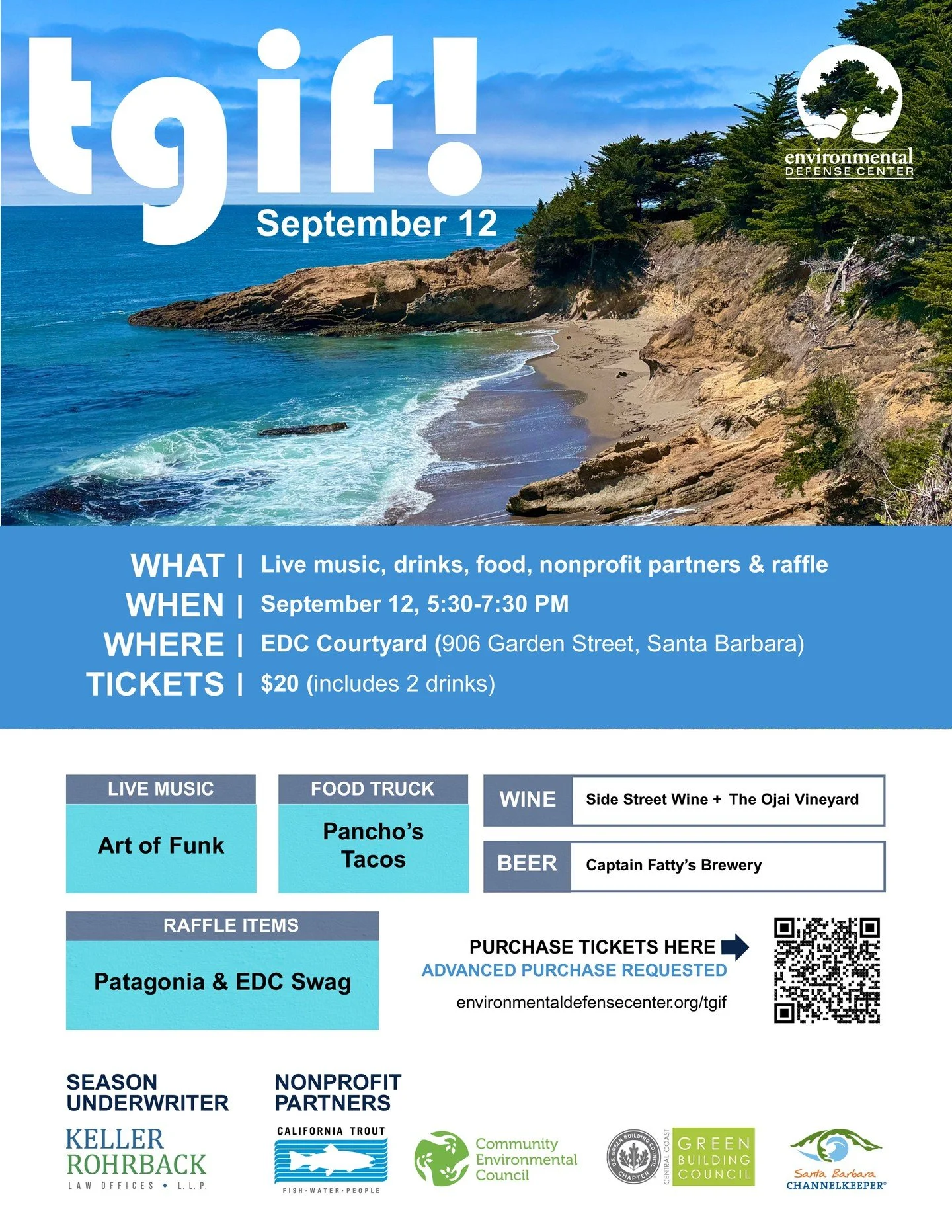 Join the Southern Steelhead Coalition at @environmentaldefensecenter TGIF! happy hour on September 12, 5:30-7:30PM in their downtown courtyard. Guests will enjoy live music by Art of Funk, Pancho&rsquo;s Tacos (vegetarian &amp; vegan options), refres