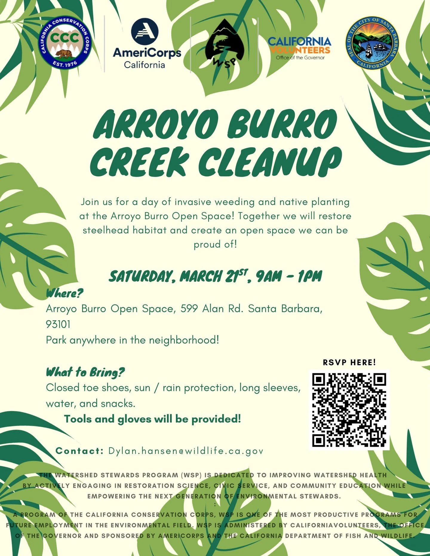 JOIN US!!!!!! Volunteer opportunity!

This event is on Saturday, March 21st, from 9AM-1PM at the Arroyo Burro Open Space. The address of the entrance that will be most convenient to use is 599 Alan Rd, Santa Barbara, CA 93105. 

Do you want to make o