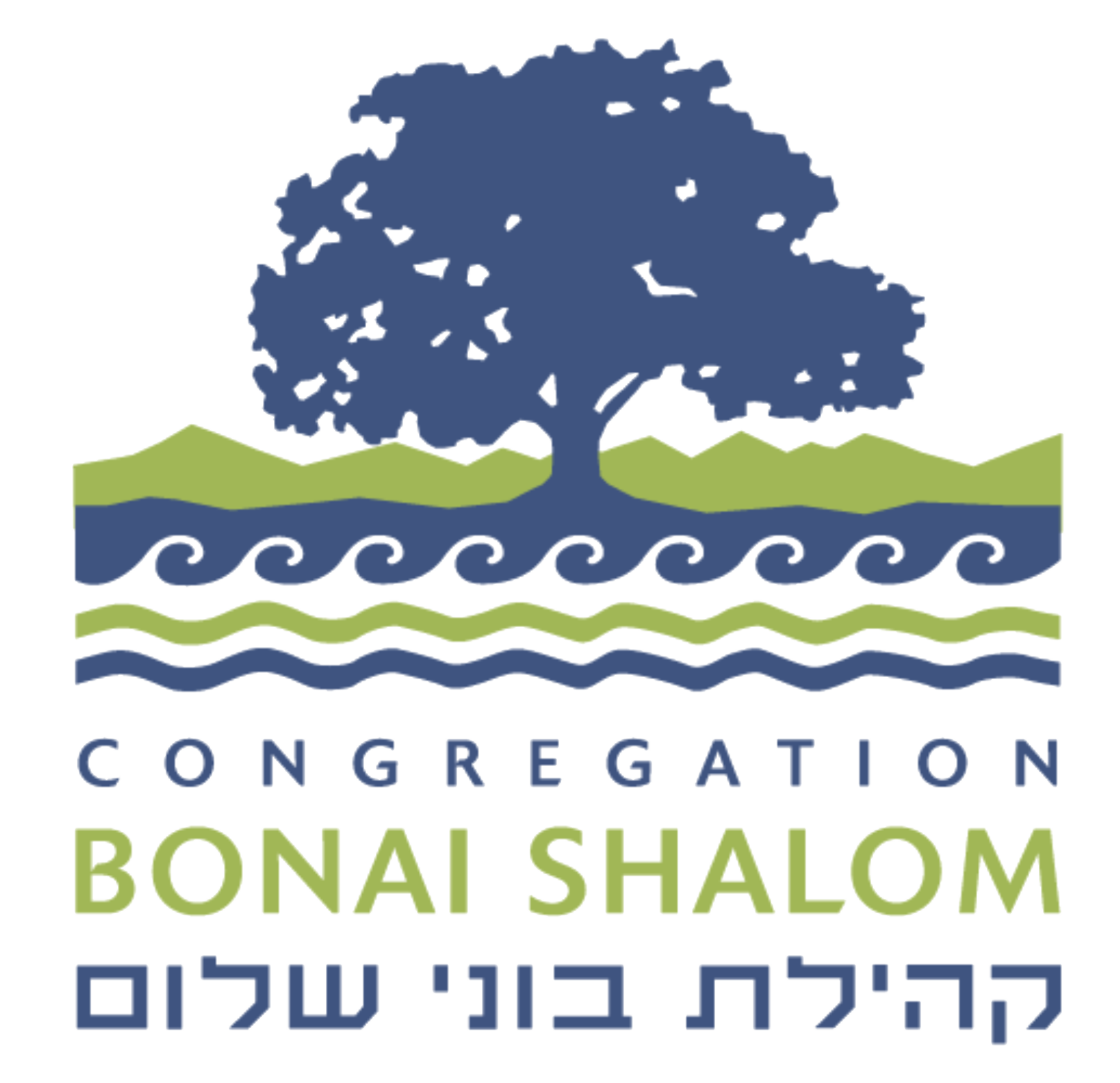 Logo with a tree, ocean waves, and hills, with the words "Congregation B'nai Shalom" in English and Hebrew.