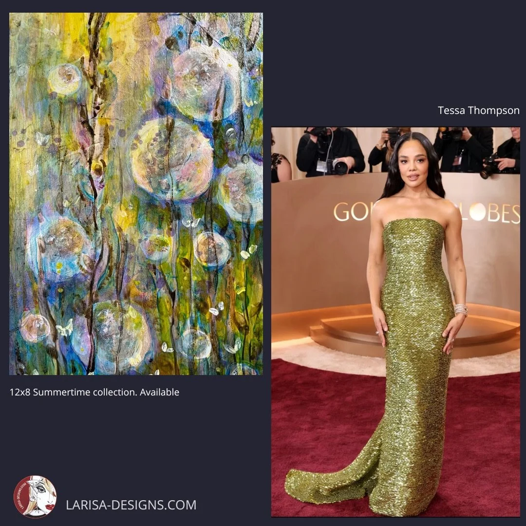 FINE PAIRINGS✨
Swipe!
Every year, right after the Golden Globes, I do something that makes me happy: I &ldquo;style-match&rdquo; my art with the best-dressed (in my opinion) celebrities.
It&rsquo;s my little post&ndash;red carpet ritual&mdash;part fa