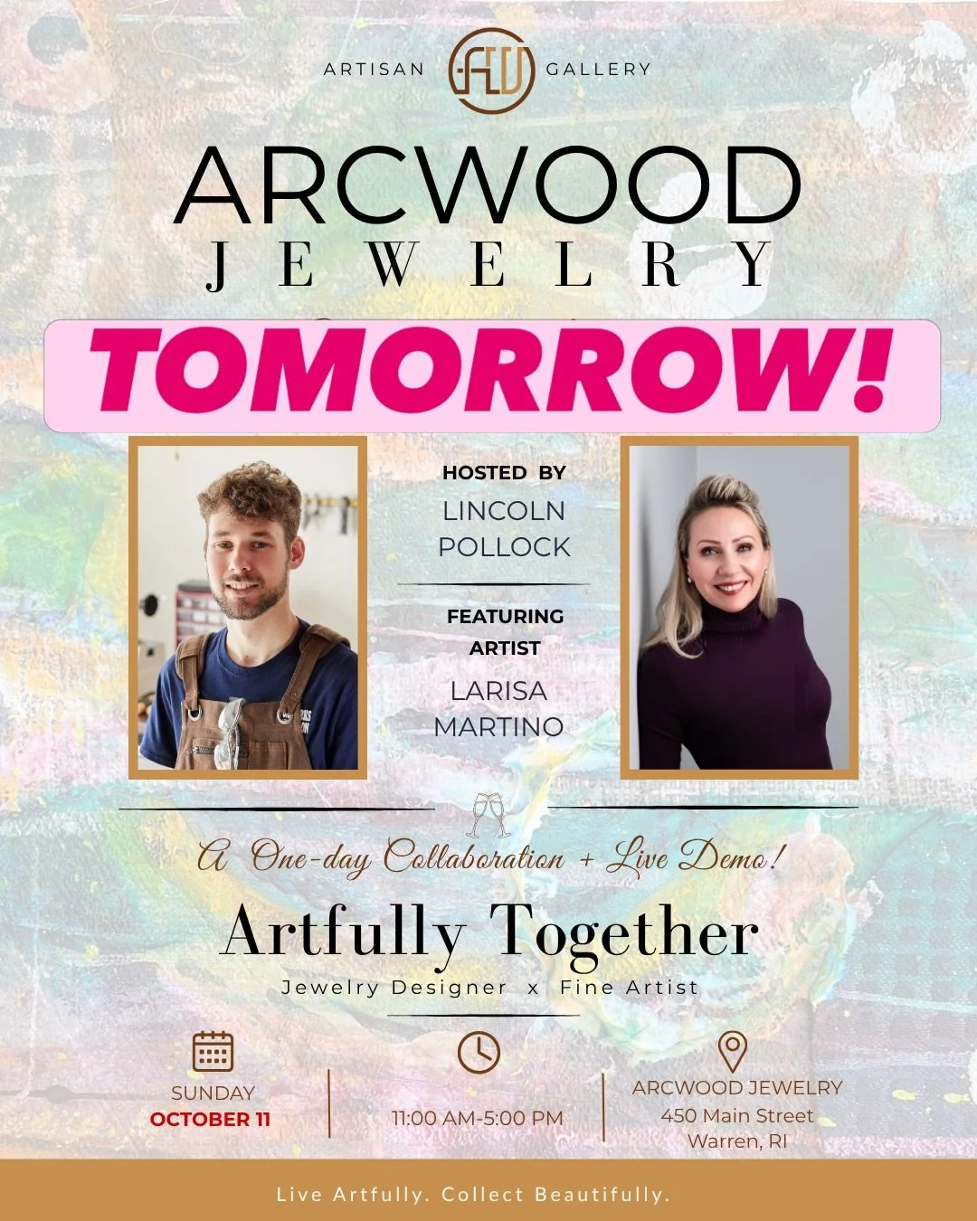 TOMORROW is the day! ✨🥂🎨
Come see us, have some bubbly, and watch me paint live! 🎨 

🗓️Sunday, October 11
🕰️11-5pm
📍Arcwood Jewerly 
450 Main Street
Warren, RI

New artwork will be on display and for sale! 
SEE YOU! 💋