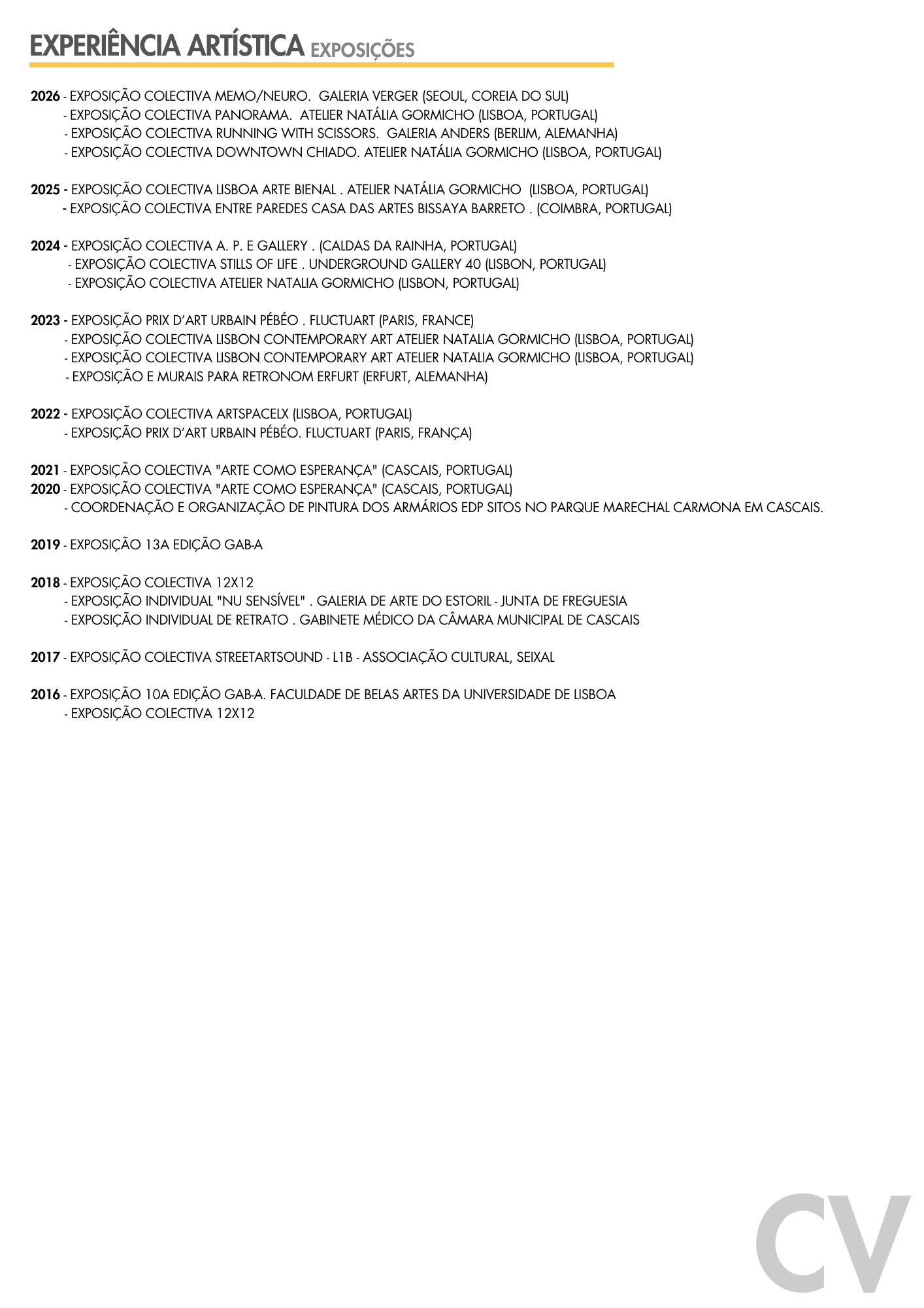 A page of a document listing artistic exhibitions from 2016 to 2026, including locations such as Portugal, Germany, France, and South Korea, with details about each event.