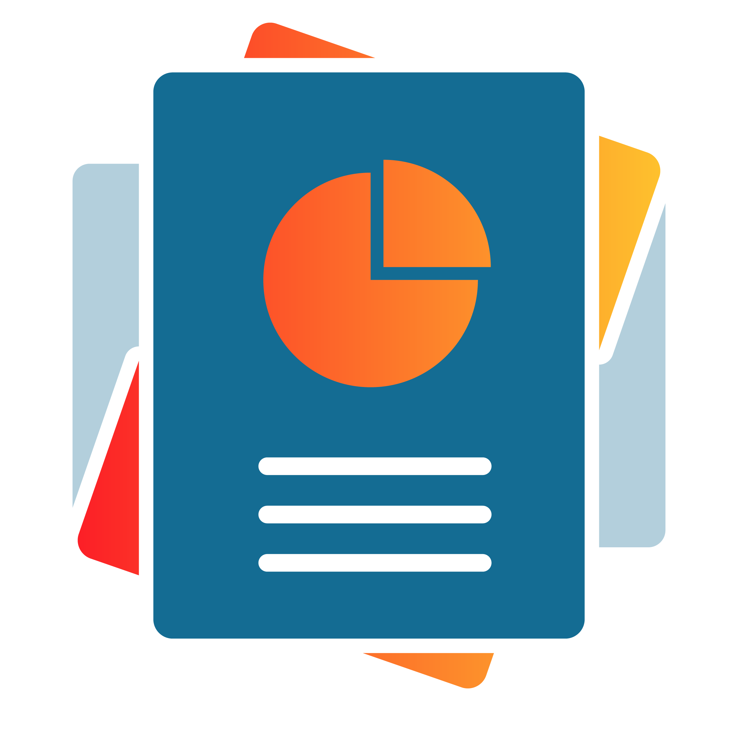 Illustration of a blue folder with a pie chart on it, surrounded by various document icons and colorful arrows.