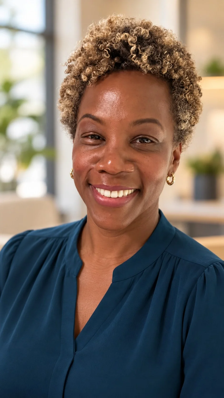 Sabah, a black woman with short highlighted curls and gold hoop earrings, wearing a teal blouse in a bright office.