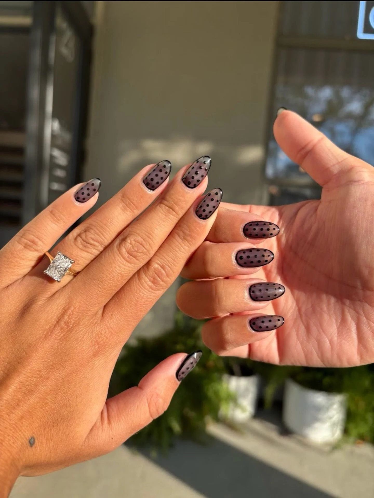 SHEER BLACK WITH POLKA DOTS IS GIVING ~SPICY~ HOLIDAY TIGHTS &amp; WE&rsquo;RE HERE FOR IT 🖤🌟🍷

#diamondnailco #nailsnailsnails #longbeachms #mandeville #luxurynailson