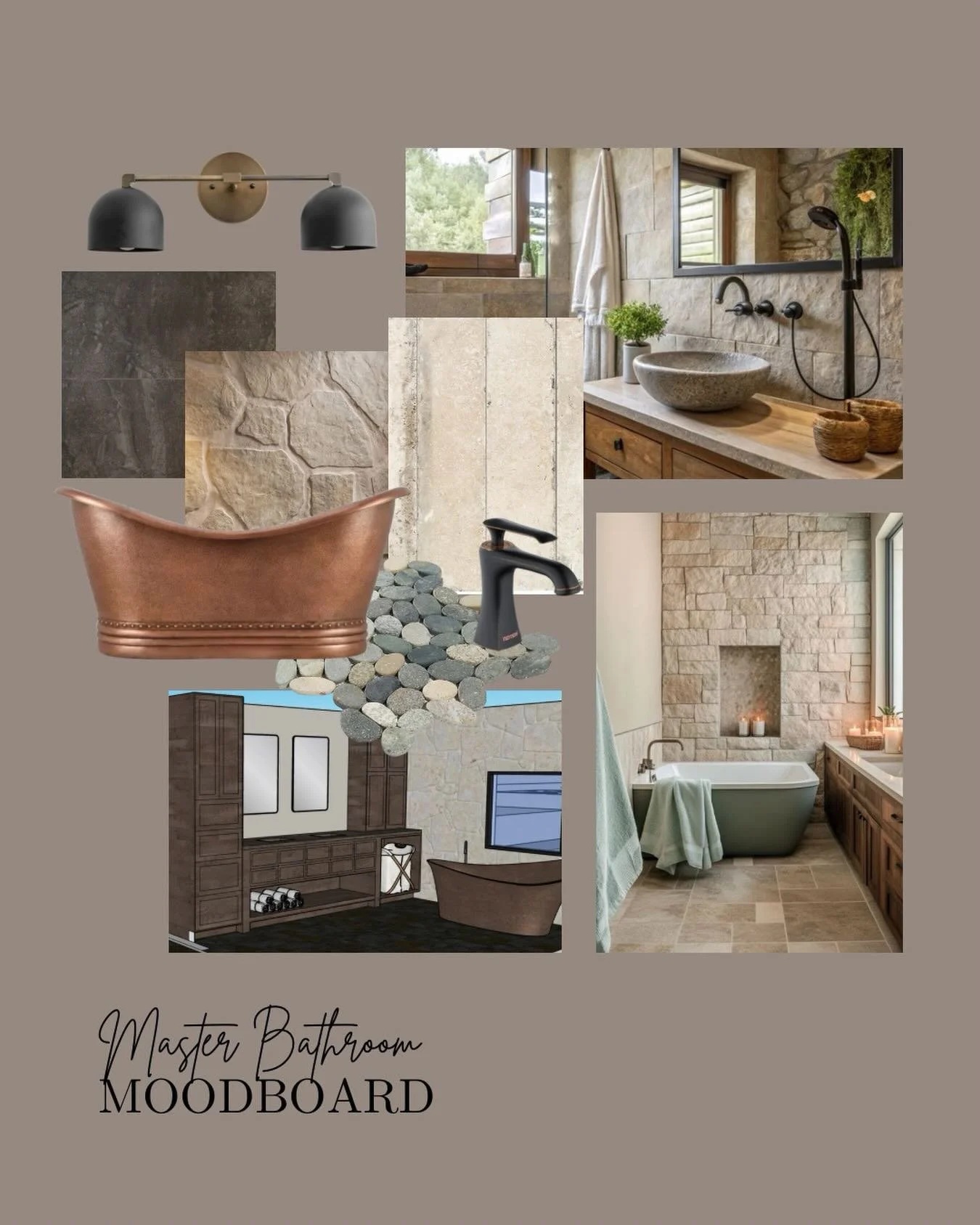 Natural textures, warm neutrals, and brimming with character. 🌿
River rock, rich woods, and a show-stopping copper bathtub set the tone for our clients&rsquo; elevated rustic master bathroom - designed to feel warm and grounded.
