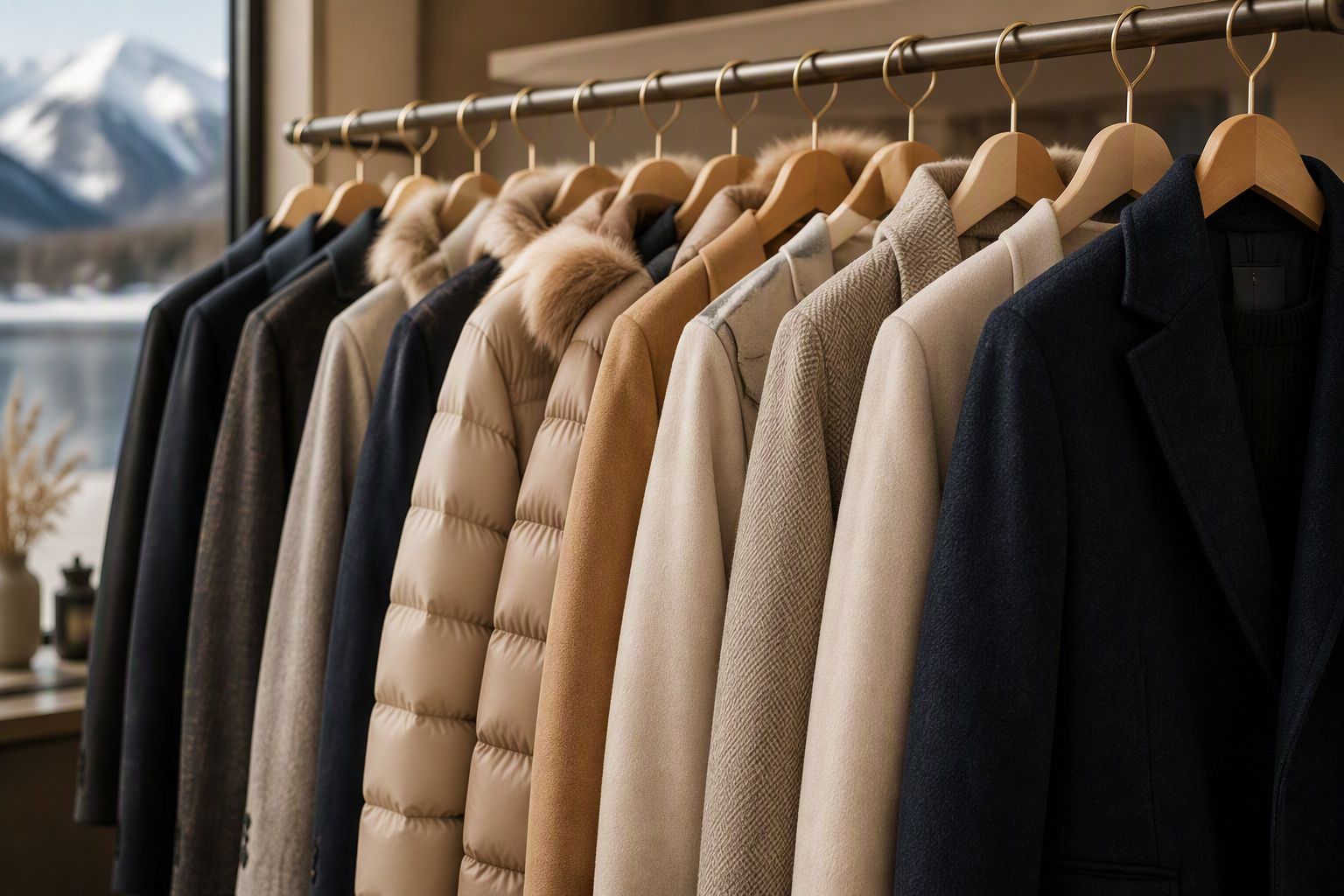 A row of winter coats hanging on a clothing rack against a window with snowy mountains outside.
